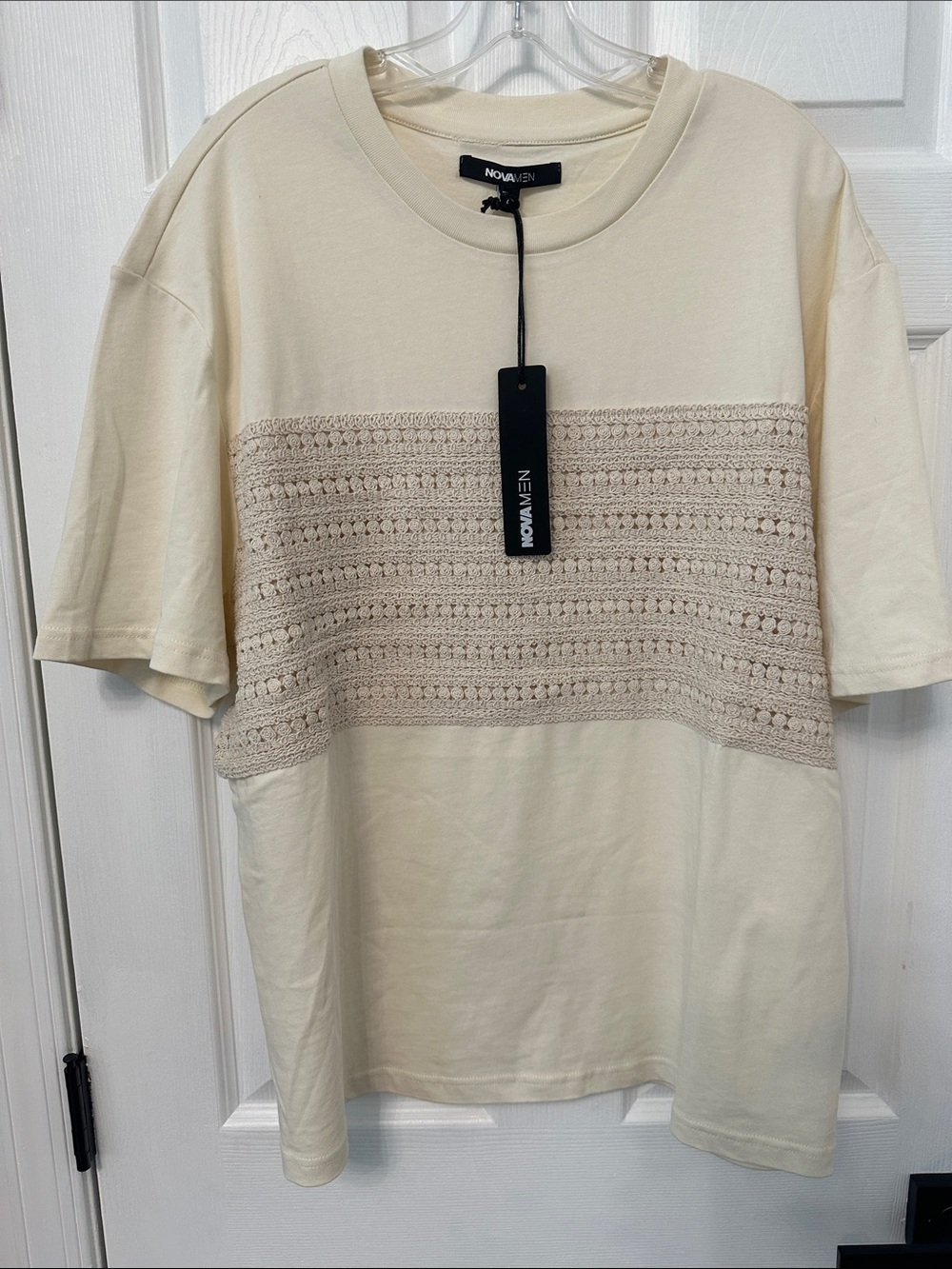Fashion Nova Men Cream Crochet-Panel Short Sleeve Tee
